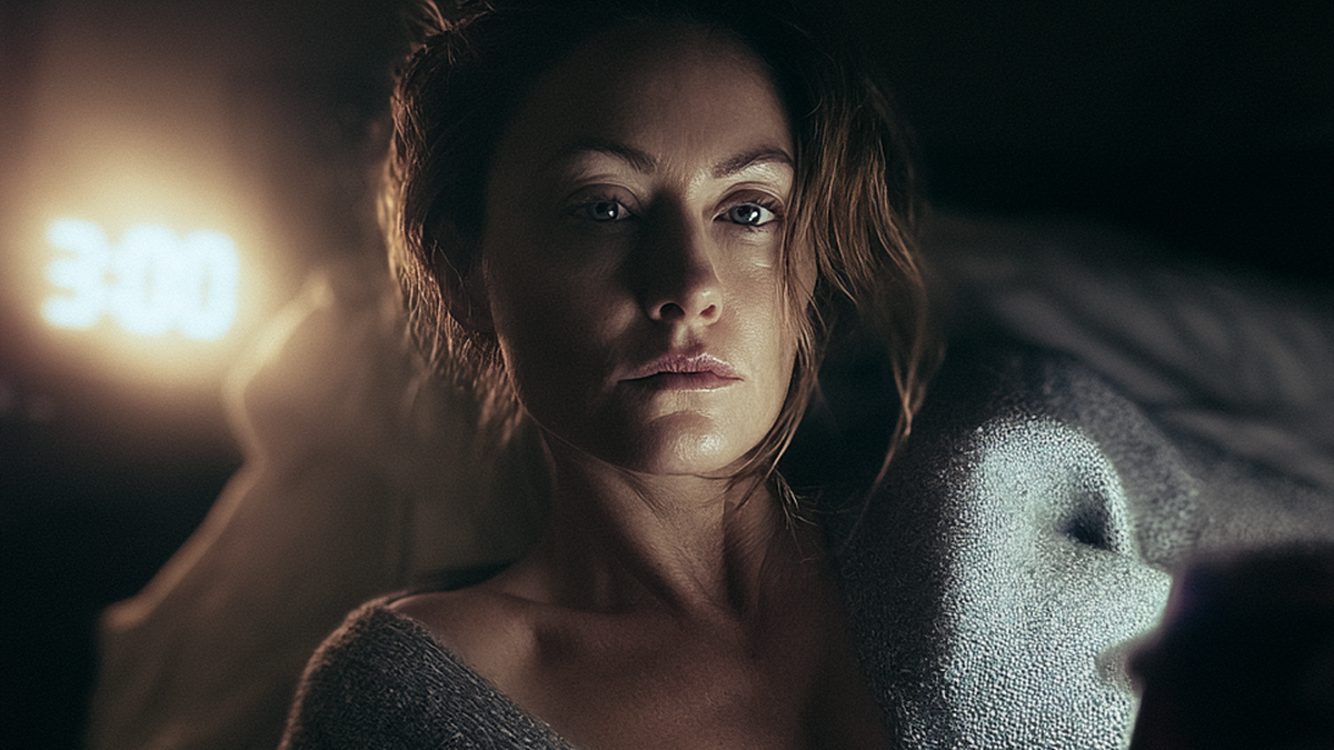 A woman lying awake in bed in the dark, the clock glowing 3:00 beside her — the classic perimenopause 3am wake-up.