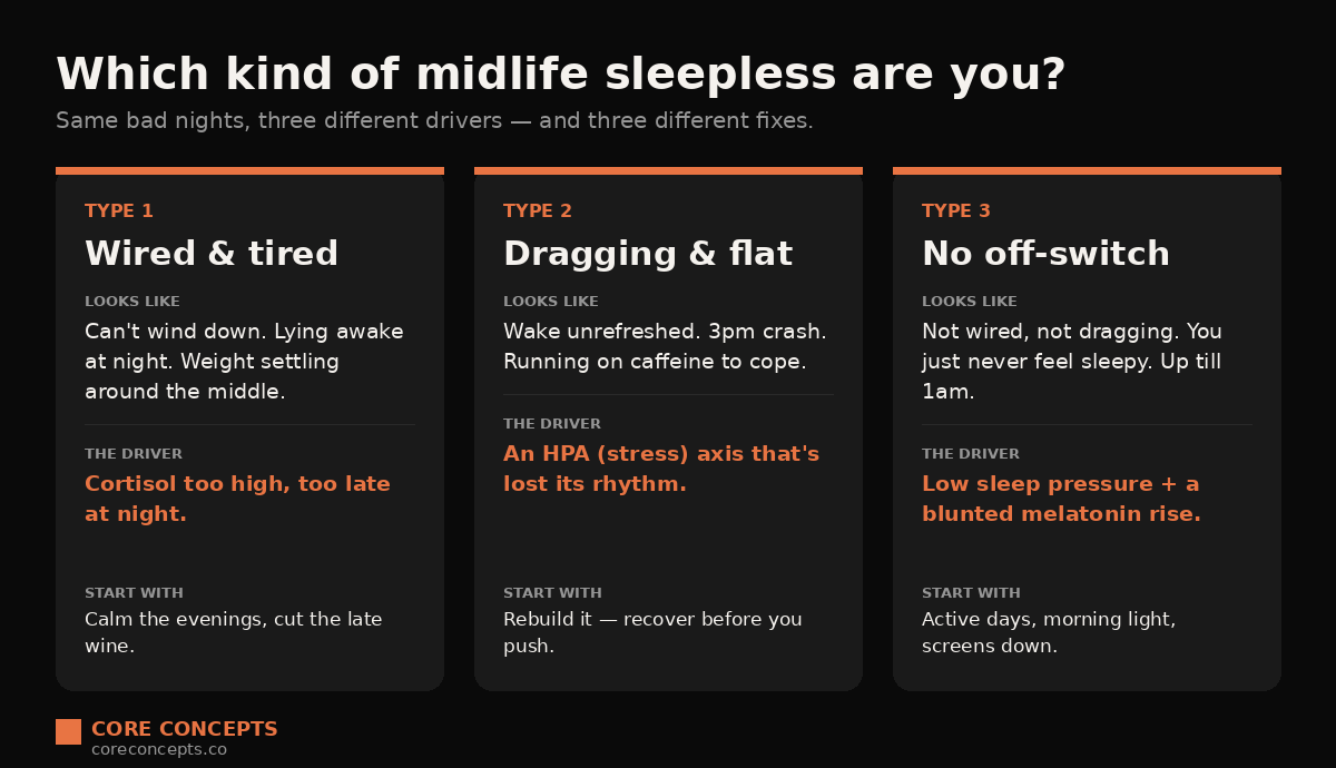 Three kinds of midlife sleeplessness: wired and tired (cortisol too high at night), dragging and flat (HPA axis lost its rhythm), and no off-switch (low sleep pressure plus a blunted melatonin rise) — each with a different fix.